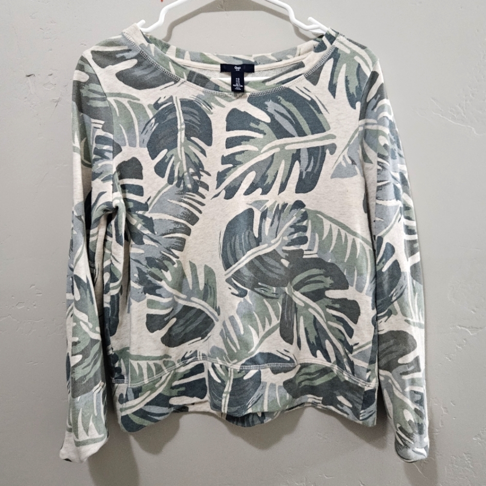 Gap Olive and White Tropical Palm Leaf Print Crop Sweatshirt Size Small